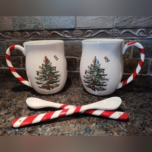 Spode Christmas Tree Peppermint Handle Mugs With Spoons--set of 2--vintage